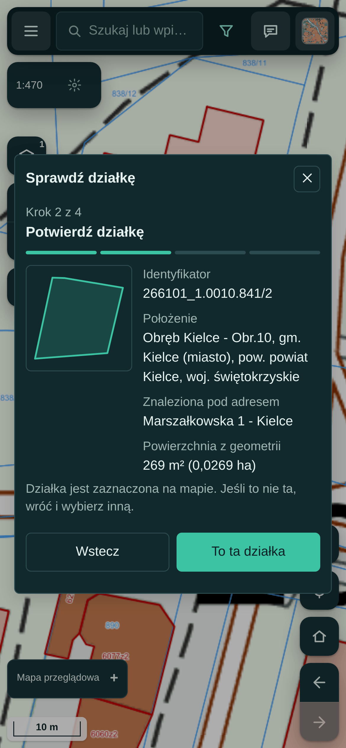 A phone wizard titled Check parcel on step 2 of 4, Confirm parcel: the parcel outline, its identifier, location, the address it was found at (Marszałkowska 1, Kielce) and its area, with Back and This is the parcel buttons.