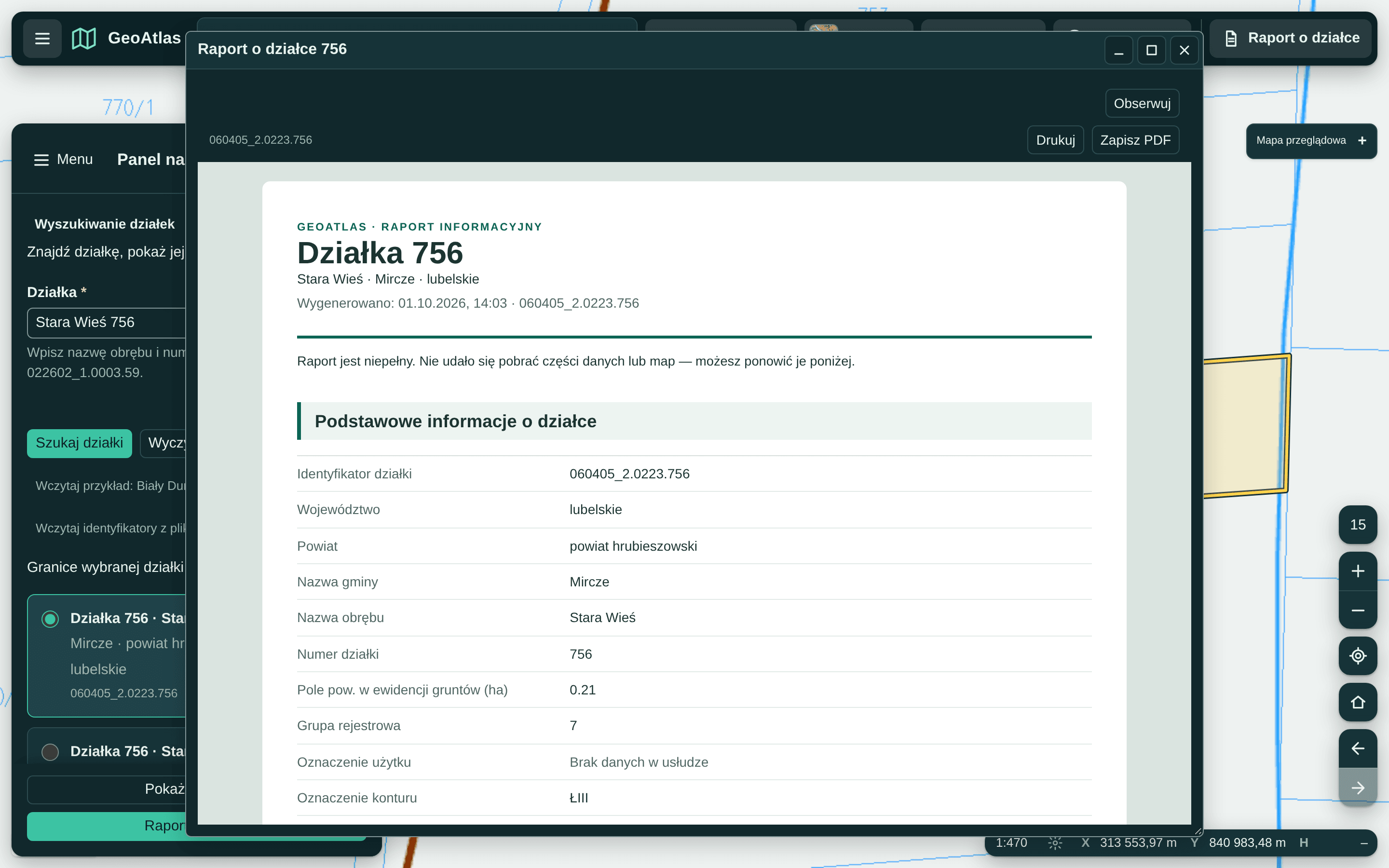 A parcel report window for parcel 756 in Stara Wieś, Mircze municipality, listing its registry facts over the map with the parcel outlined.