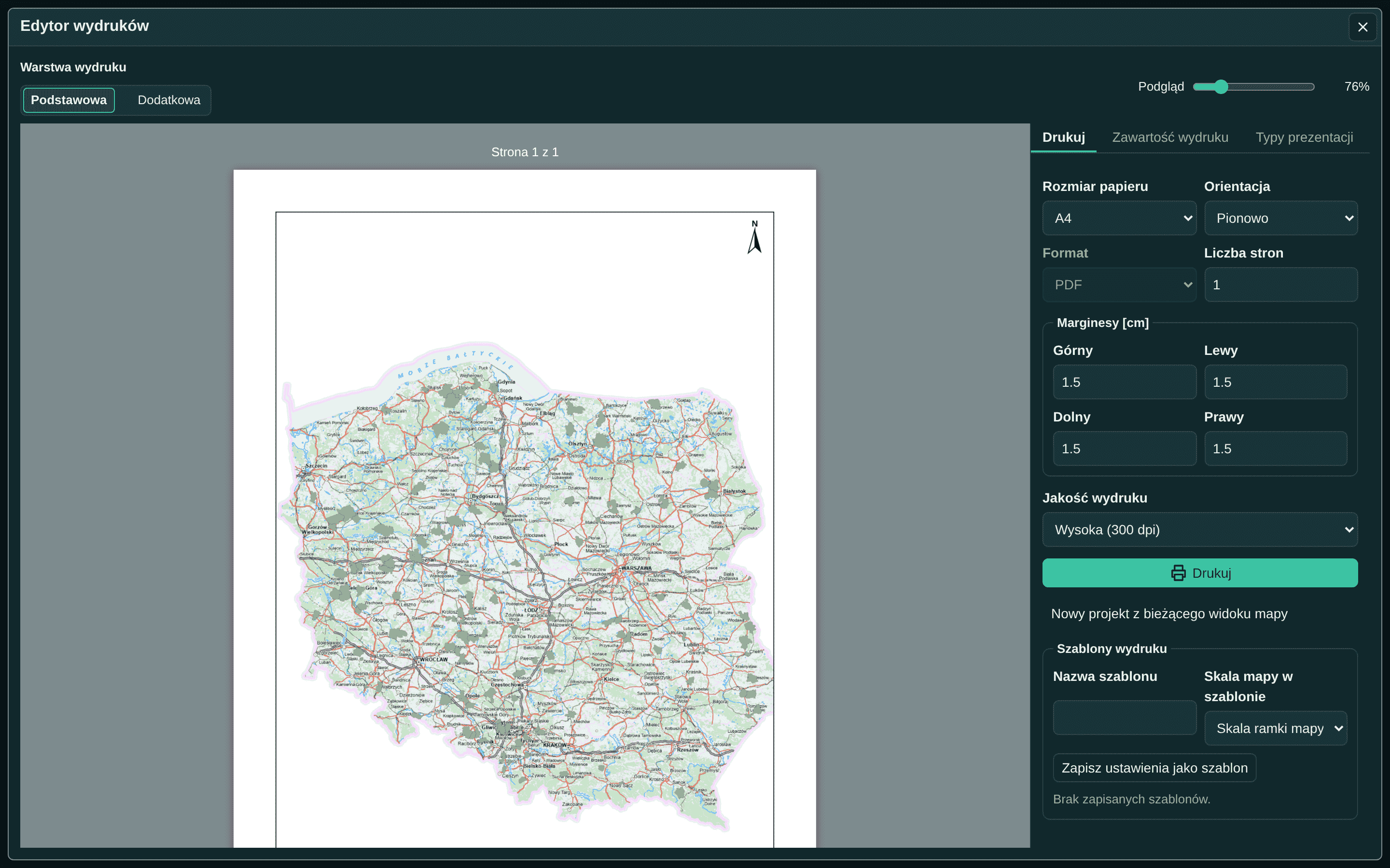 The print editor with an A4 page preview of the map of Poland and print settings for paper size, orientation, margins and quality.