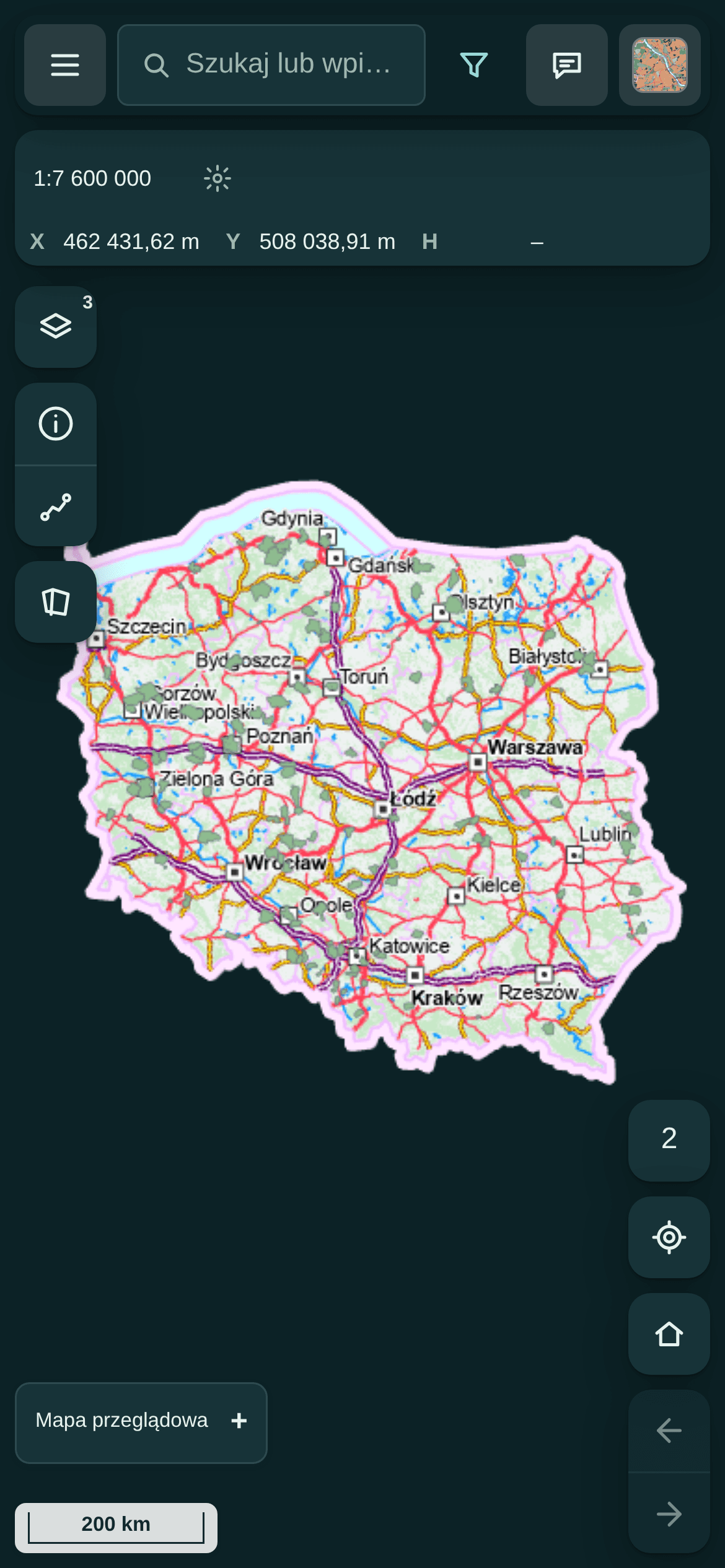 GeoAtlas on a phone: compact search bar, the scale and coordinate readout, a rail of map tools below it on the left and map controls on the right over a map of Poland.